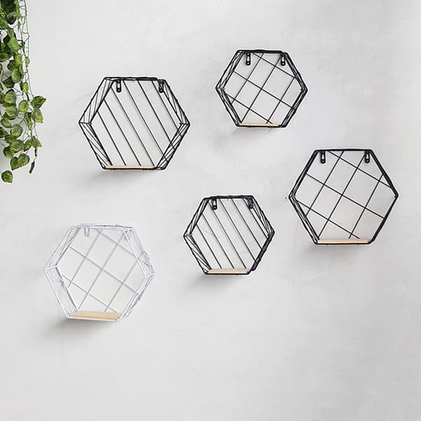 Sekskantet dekorativ hylde, LOFT-stil – sort II