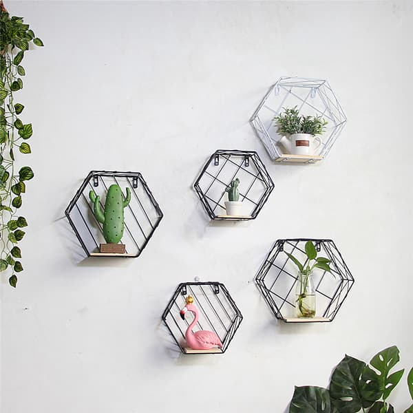 Sekskantet dekorativ hylde, LOFT-stil – sort II