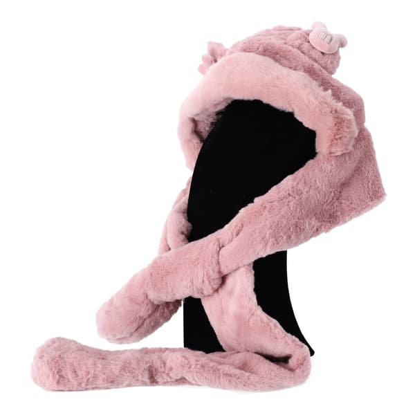 Børnehue i plys med tørklæde og handsker 3i1 til børn i alderen 2 til 12 - pink