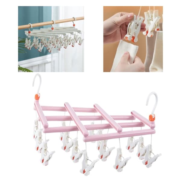 Praktisk foldbar bøjle med clips, 14 clips, pink