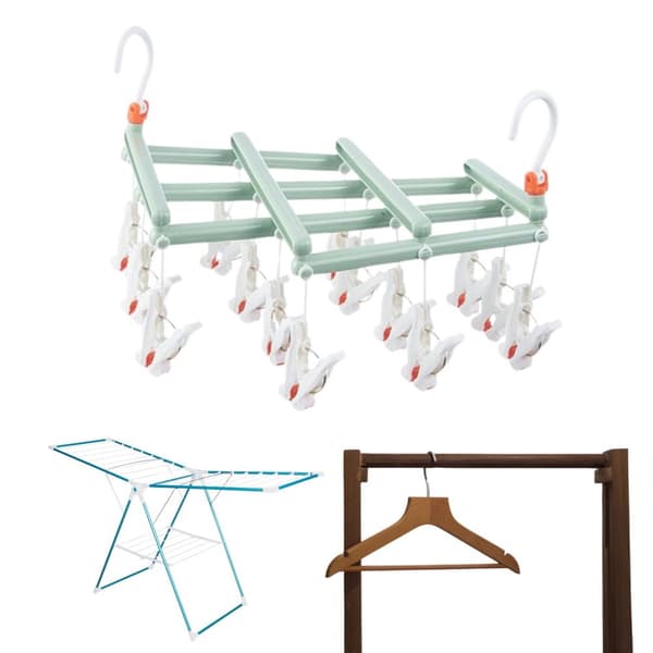 Praktisk foldbar tøjbøjle med clips, 14 clips, grøn