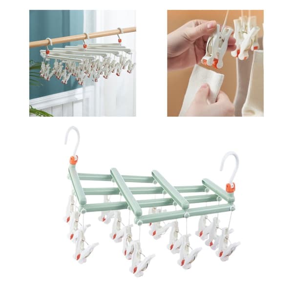 Praktisk foldbar tøjbøjle med clips, 14 clips, grøn
