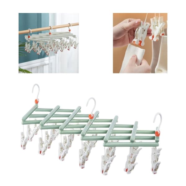 Praktisk foldbar bøjle med clips, 29 clips, grøn