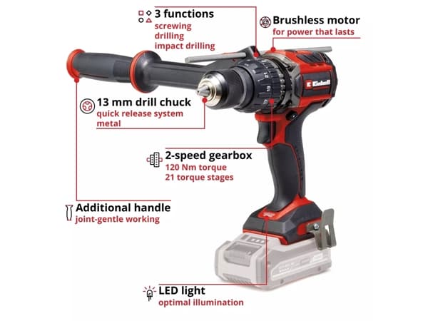Einhell TP-CD 18/120 Li-i BL, Boremaskin med pistolgrep, Børstet, Sort, Rød, 1,3 cm, 2100 RPM, 1,5 mm - SOLO