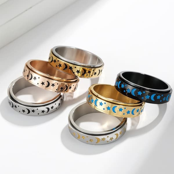 Star Moon Titanium Steel Rotating Night Glow Ring to Relieve Anxiety