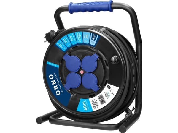 Orno Professional IP44 kelan jatke, 4 2P+Z pistorasiaa, öljynkestävä kumikaapeli, H07RN-F 3x2,5mm?, pituus 40m, ainutlaatuinen CUBE-teline, KIINNITET