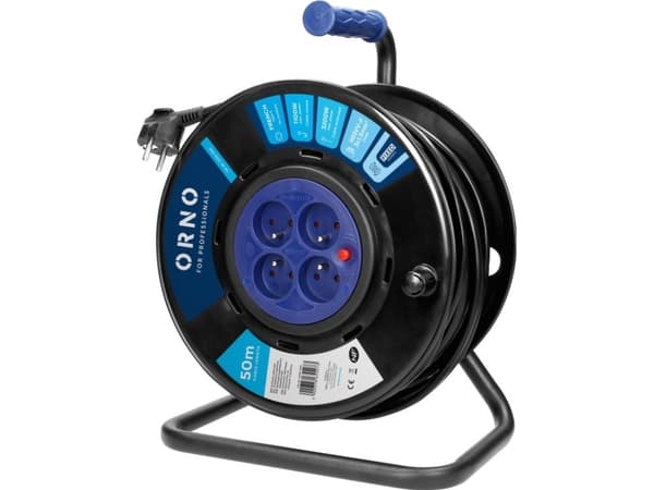 Orno Drum Extender, 4 pistorasiaa 2P+Z, PVC-kaapeli H05VV-F 3x1,5mm?, pituus - 50m, KIINNITETYT LINJAT, lämpöeristys, virtapiirin sulkijat