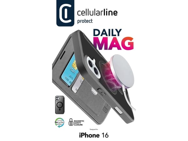 Cellularline Daily Mag - iPhone 16 Book cover with semi-transparent hard back compatible with Magsafe® ecosystem, Folio, Apple, iPhone 16, 15.5 cm (6