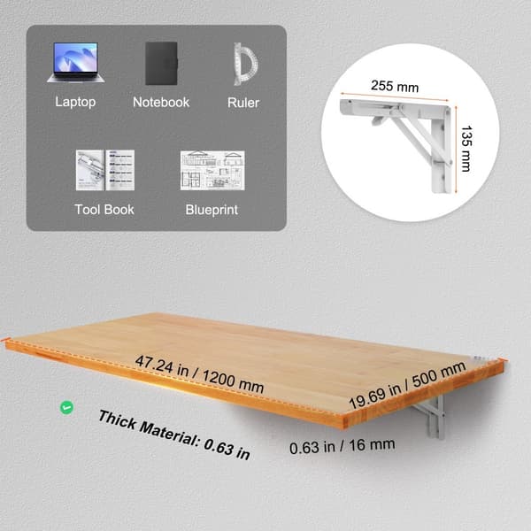 Vægmonteret flydende klapbord til laptop, hjemmearbejde, 47,24x19,69 tommer, pladsbesparende design