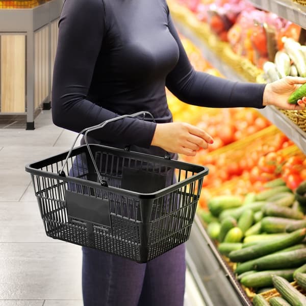 Ruokakauppakori 12 kpl, 21L rautakahvalla ja telineellä, musta ostoskori