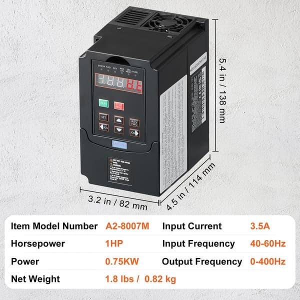 VFD 1HP 0,75KW 3,5Ampere 220V 1- eller 3-faset indgang, 3-faset udgang, 0-400Hz, høj effektivitet