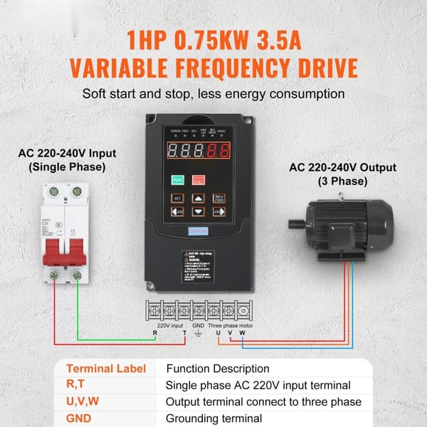 VFD 1HP 0,75KW 3,5Ampere 220V 1- eller 3-faset indgang, 3-faset udgang, 0-400Hz, høj effektivitet