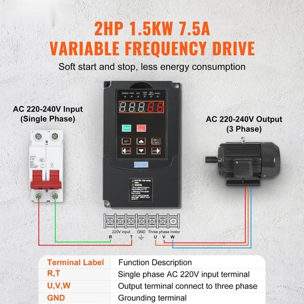VFD 2HP, 1,5KW, 7,5Ampere 220V, 1 eller 3-faset indgang, 3-faset udgang, 0-400Hz, effektiv motorstyring