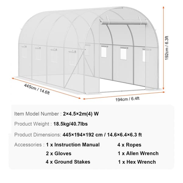 Walk-in Tunnel Drivhus 14,6x6,36x6,3ft, Galvaniseret ramme, PE Cover, Hvid, holdbarhed, vejrbestandig