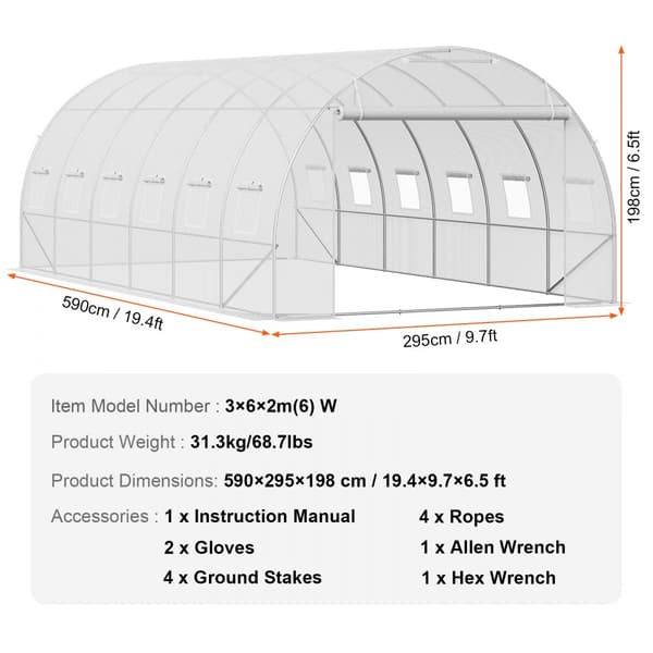 Gå- ind Tunnel Drivhus 19,36x9,68x6,5ft, Galvaniseret Ramme, PE Cover, Hvid, Holdbar og Vejrbestandig