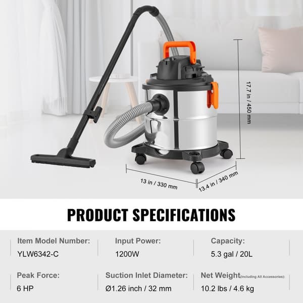 Våd/tør værkstedstøvsuger 20L 6 Peak HP, rustfrit stål dyse, effektiv sugekraft, kompakt design