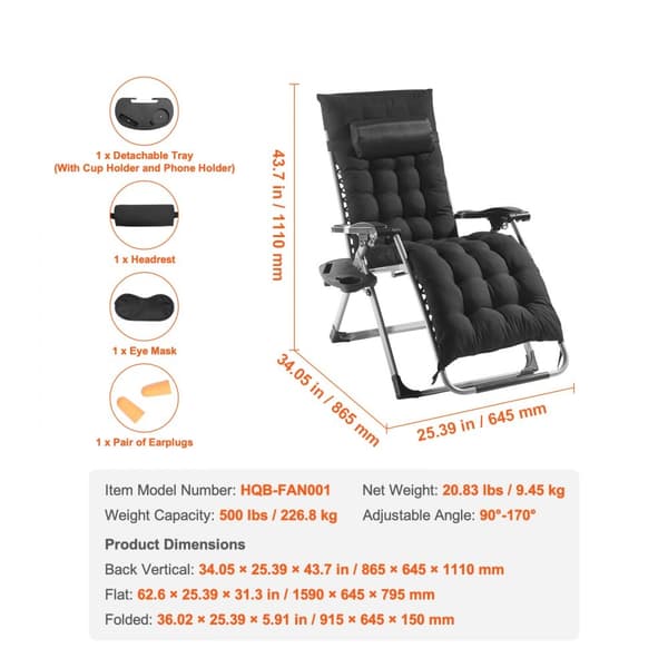 Zero Gravity stol 26", indendørs og udendørs hvilestol, ergonomisk design, komfortabel afslapning
