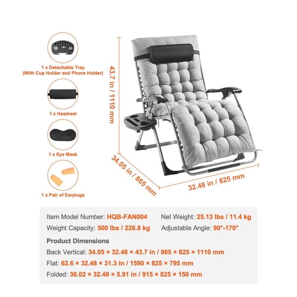 Zero Gravity stol 33", indendørs og udendørs hvilestol, ergonomisk design, komfortabel afslapning, justerbar position