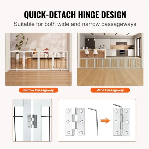 Fritstående Hundeport 32x96,5 tommer, Foldbar Pet Gate, Hvid, Holdbar og Pladsbesparende