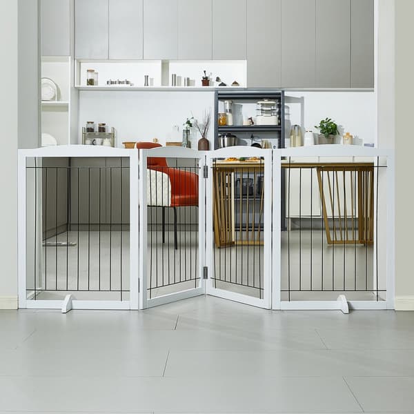 Fritstående Hundeport 32x96,5 tommer, Foldbar Pet Gate, Hvid, Holdbar og Pladsbesparende