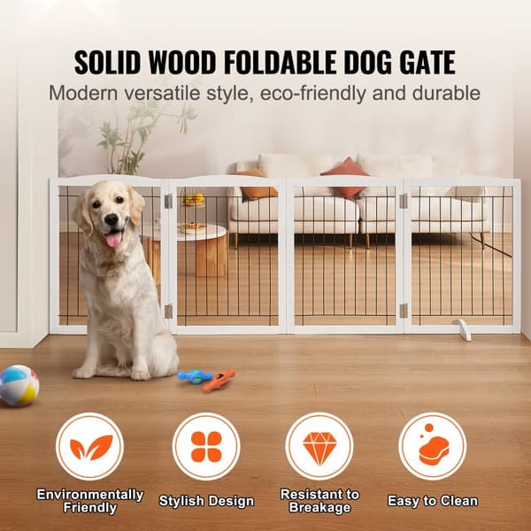 Fritstående Hundeport 32x96,5 tommer, Foldbar Pet Gate, Hvid, Holdbar og Pladsbesparende