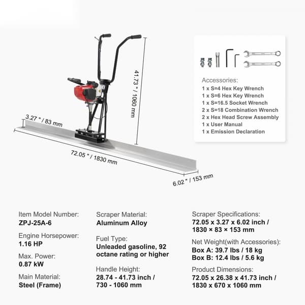 Gas Beton Power Screed, 1830 mm aluminiumsplade, 4-takts vibrerende cementmotor, højdejusterbare funktioner