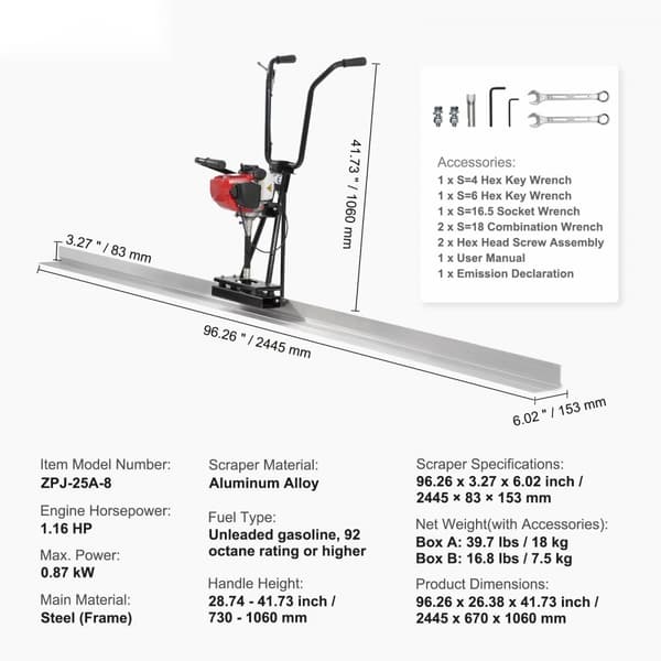 Gasbeton Power Screed, 2445 mm aluminiumsplade, lige kantstangsæt, 4-takts vibrerende cementfinisher, højdejusterbare håndtag, effektiv byggeri