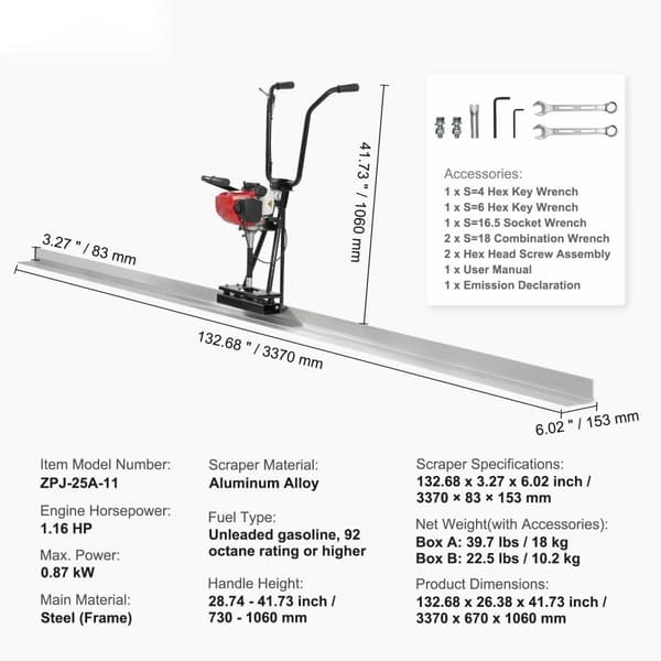 Gasbeton Power Screed, 3370 mm aluminiumsplade, 4-takts cementfinishing, justerbar motor, effektiv og holdbar