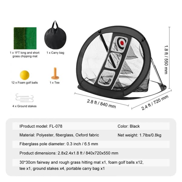 Golf Chipping Net, Pop Up Golf Øve Net, Bærbart Indendørs Golf Træningsnet med Mål/Måtte/bolde/Tee/Bæretaske til Baggård