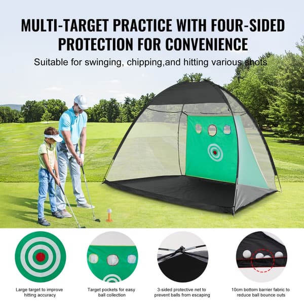 Golfnät 10x7 ft, Allt-i-1 Träningsnät för Golf, Inomhus och Utomhus, Stand för Svingträning, Inkluderar Mål, Mattor, Bollar, Tee och Golfklubba
