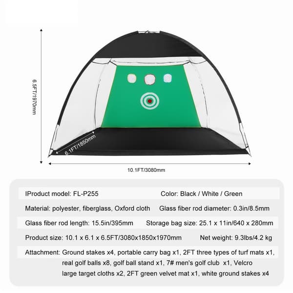 Golfnät 10x7 ft, Allt-i-1 Träningsnät för Golf, Inomhus och Utomhus, Stand för Svingträning, Inkluderar Mål, Mattor, Bollar, Tee och Golfklubba