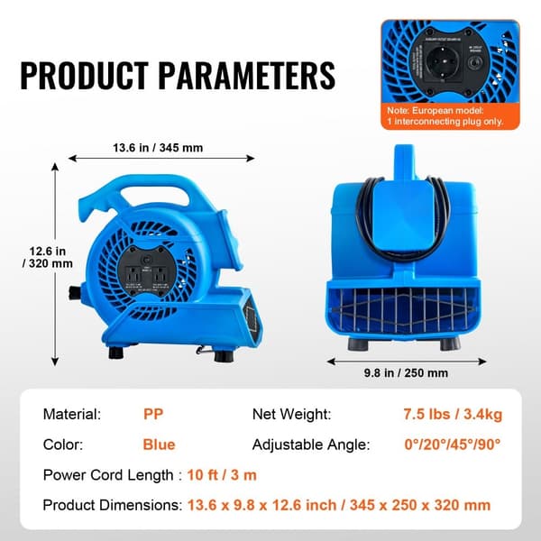 Gulvblæser 1360 RPM 600 CFM, 4 blæsevinkler, 3 hastigheder, effektiv luftcirkulation
