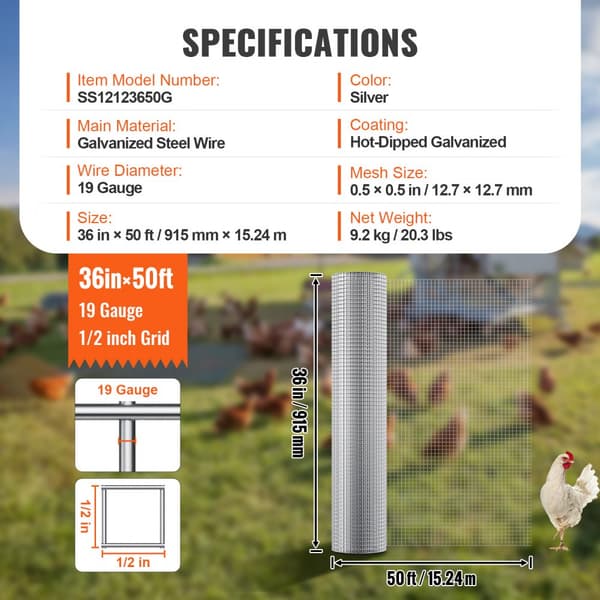 Hardwareklud 1/2", 36 tommer x 50 fod, 19 Ga trådnet, kyllingetrådshegn, holdbart og fleksibelt