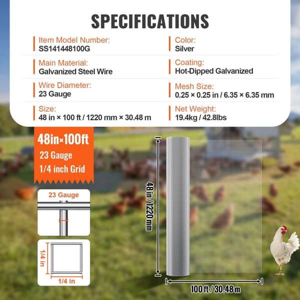 Hardwareklud 1/4", 48" x 100ft, 23 Ga trådmål, højkvalitets kyllingetrådshegn