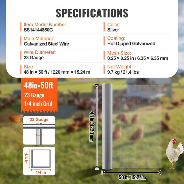 Kanalanka-aita 1/4", 48" x 50ft, 23 Ga Metalliverkko Rulla, Kestävä ja Monikäyttöinen