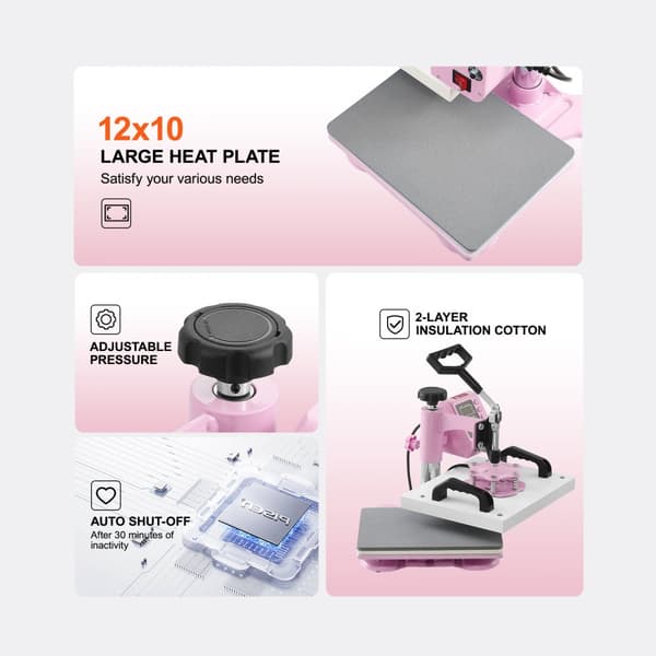 Varmepræser 2-i-1 12x10 med Hat Press til T-shirts og kasketter, pink, hurtig opvarmning, digital temperaturkontrol