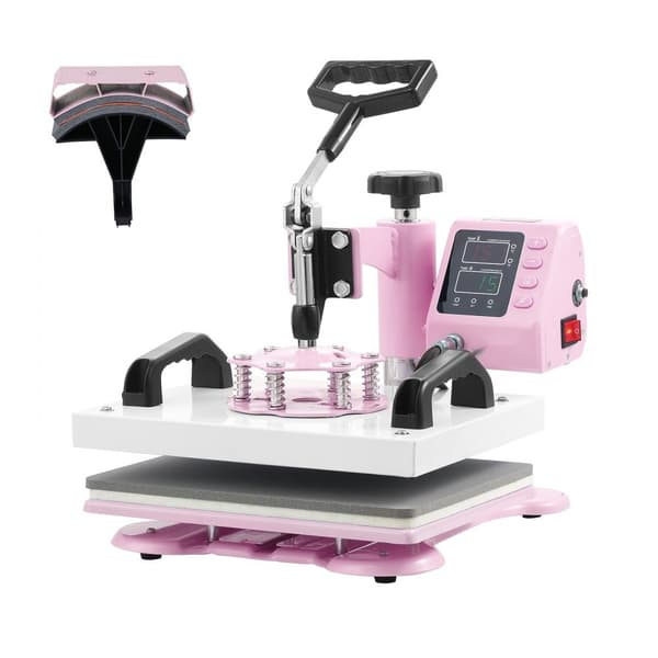 Varmepræser 2-i-1 12x10 med Hat Press til T-shirts og kasketter, pink, hurtig opvarmning, digital temperaturkontrol