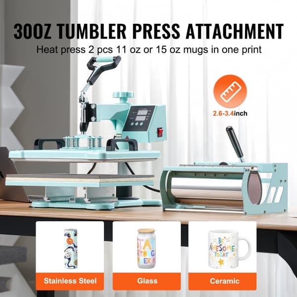 Varmepresse 5-i-1, 12x15, med 30oz Tumbler, tryk på T-shirts, grøn, hurtig opvarmning, digital temperaturkontrol