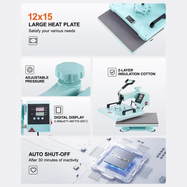 Varmepresse 5-i-1, 12x15, med 30oz Tumbler, tryk på T-shirts, grøn, hurtig opvarmning, digital temperaturkontrol