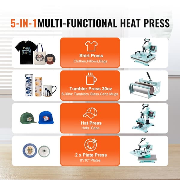 Varmepresse 5-i-1, 12x15, med 30oz Tumbler, tryk på T-shirts, grøn, hurtig opvarmning, digital temperaturkontrol