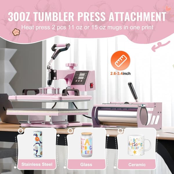 Varmepresser 12x15 i 5 i 1 med 30oz tumbler, T-shirts, pink, hurtig opvarmning, digital temperaturkontrol
