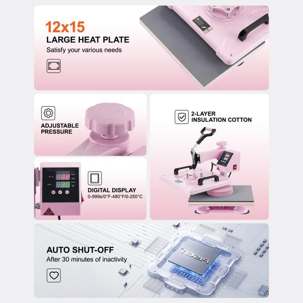 Varmepresser 12x15 i 5 i 1 med 30oz tumbler, T-shirts, pink, hurtig opvarmning, digital temperaturkontrol