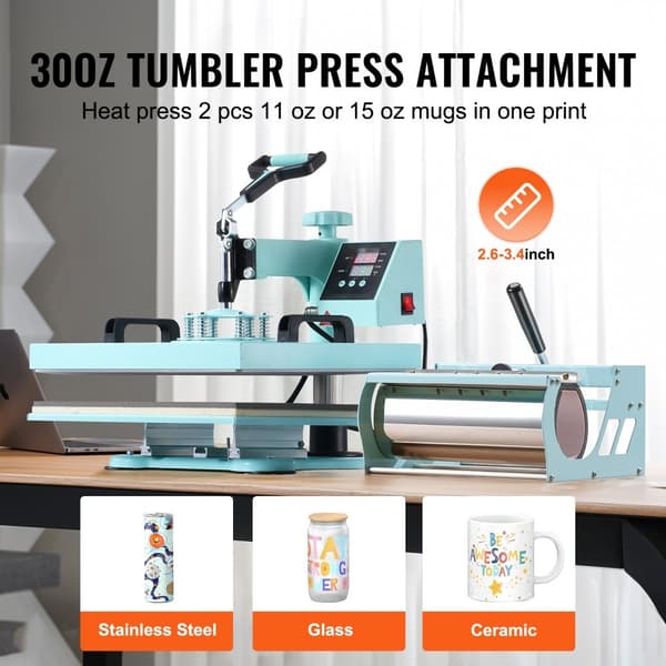 Varmepresser 5-i-1 15x15 med 30 oz Tumbler, T-shirts, Grøn, hurtig opvarmning, digital temperaturkontrol