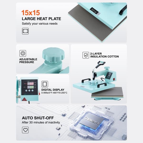 Varmepresser 5-i-1 15x15 med 30 oz Tumbler, T-shirts, Grøn, hurtig opvarmning, digital temperaturkontrol
