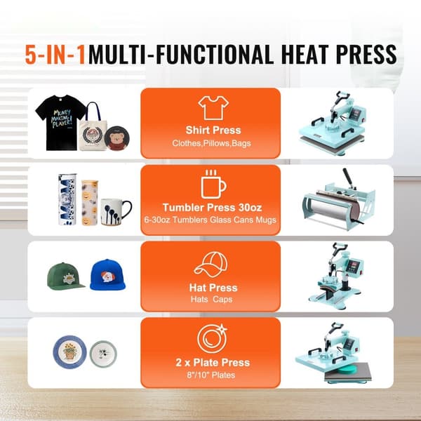 Varmepresser 5-i-1 15x15 med 30 oz Tumbler, T-shirts, Grøn, hurtig opvarmning, digital temperaturkontrol