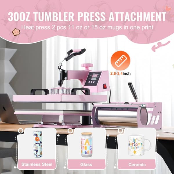 Lämpöprässi 8-in-1, 15x15, 30oz Tumbler, T-paidat, Pinkki, nopea lämmitys, digitaalinen säätö