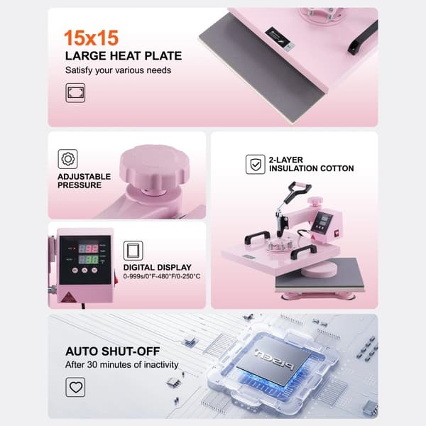 Lämpöprässi 8-in-1, 15x15, 30oz Tumbler, T-paidat, Pinkki, nopea lämmitys, digitaalinen säätö