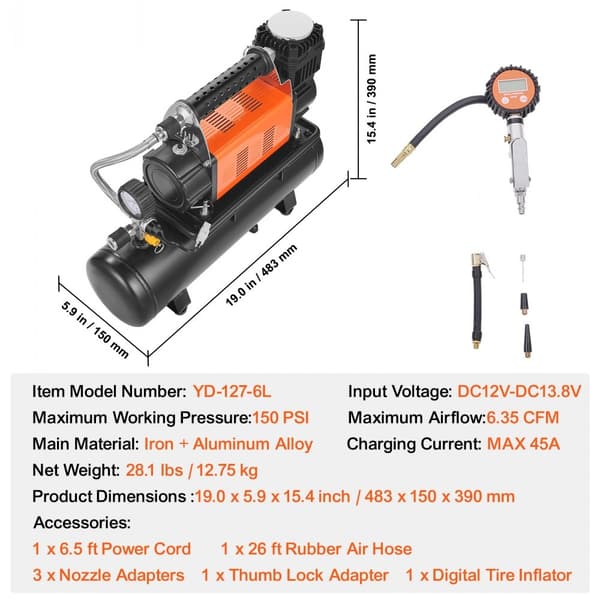 Robust luftkompressor 6L tank, 6.35 CFM, bærbar dækinflator, 150 PSI, kraftfuld pumpe