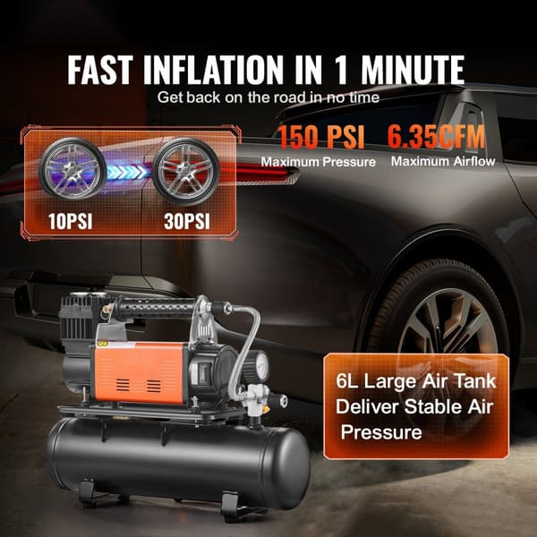 Robust luftkompressor 6L tank, 6.35 CFM, bærbar dækinflator, 150 PSI, kraftfuld pumpe