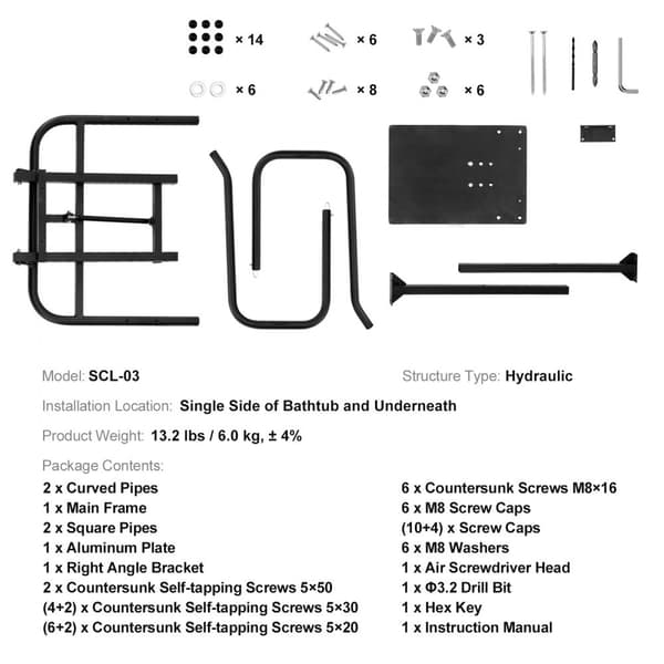 Spa Cover Lift, Hydraulisk Højde 33,1" - 41,3", Bredde 53,1" - 92,5", Justerbar, Under-sidet installation